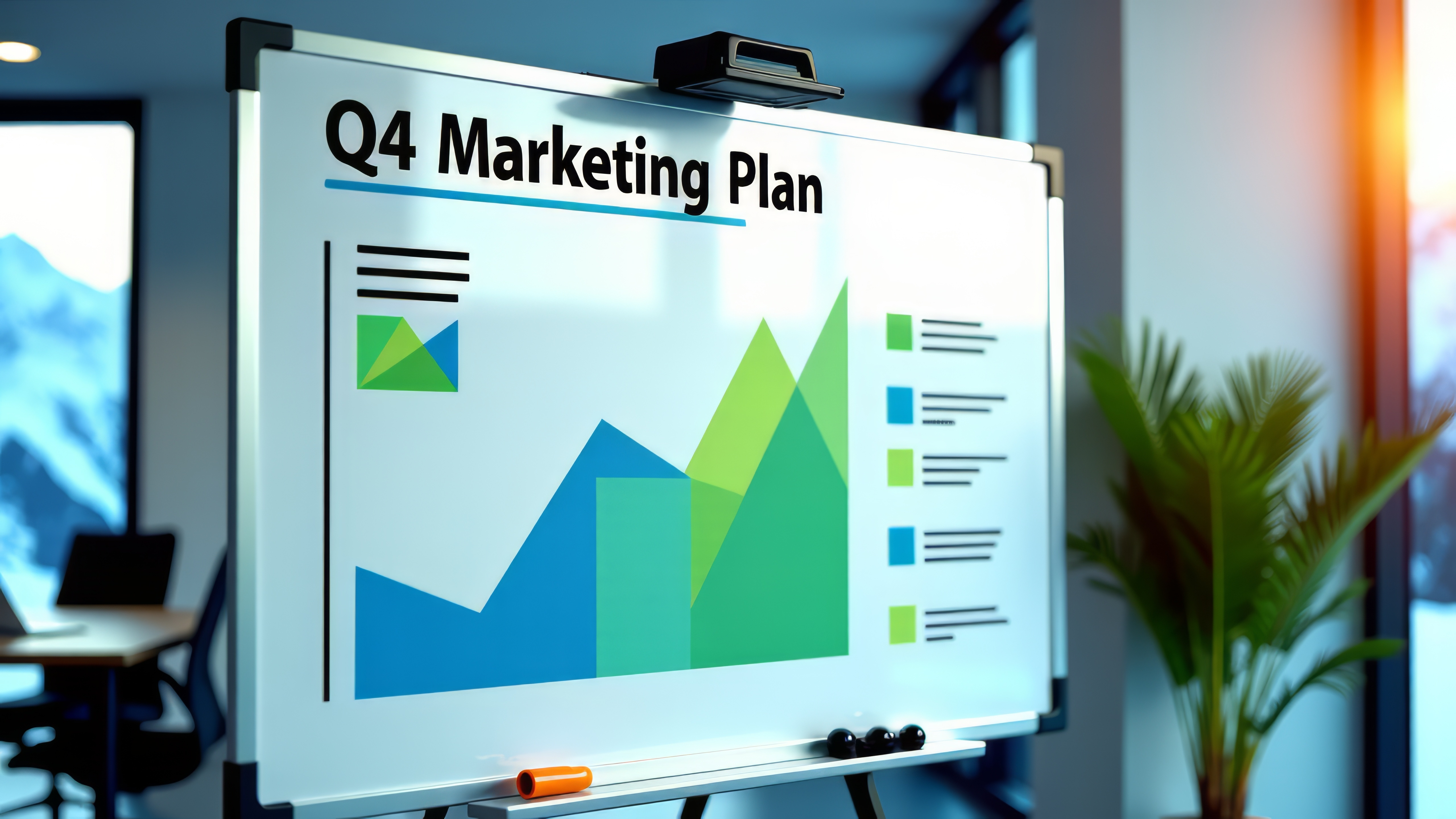 Q4 Marketing Plan chart with upward trend visuals in a modern office setting, emphasizing strategic growth for marketing initiatives.