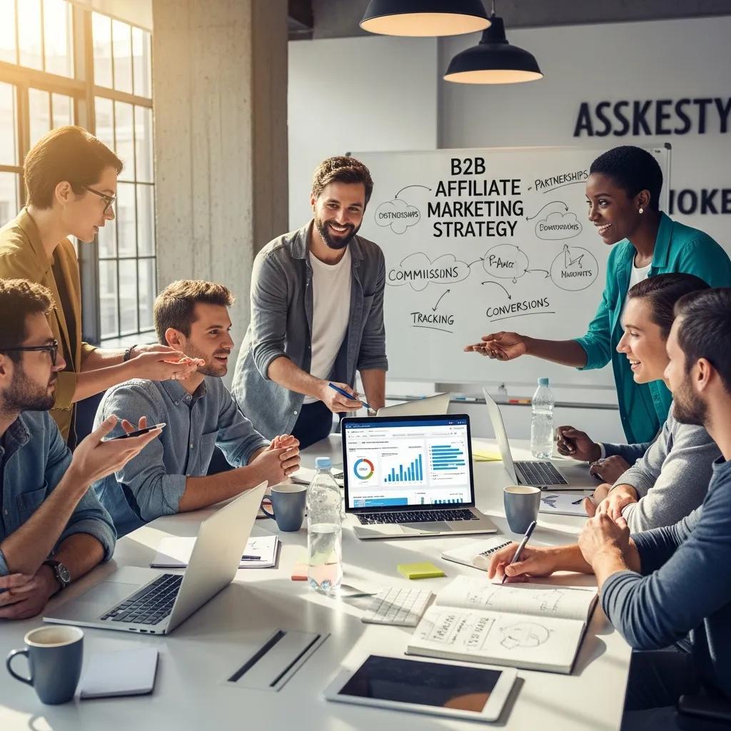 Team collaborating on a B2B affiliate marketing strategy in a modern office